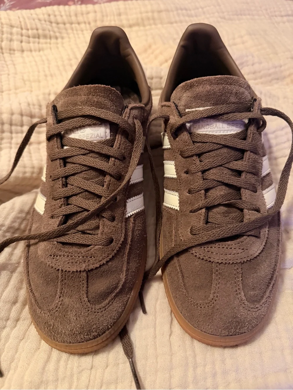 adidas Women's Brown Suede Sneakers with White Stripes
